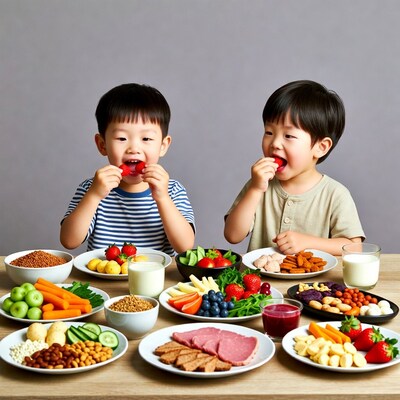 Asian boys eating strawberries at healthy table