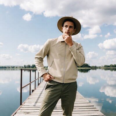 Man in hat pondering on lake pier
