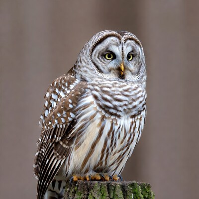 Barred Owl Perched on Mossy Stump