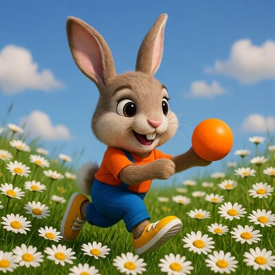 Cartoon bunny running with orange ball