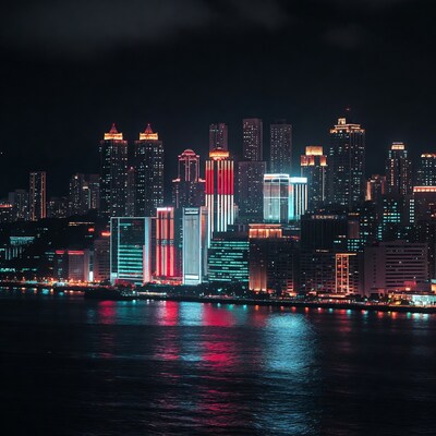 Vibrant Night Skyline Over River