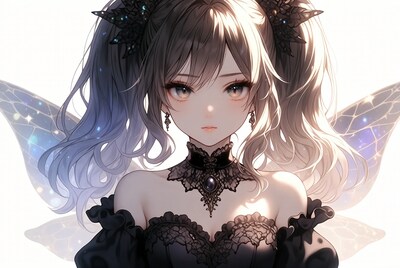 Anime girl in black lace dress with wings