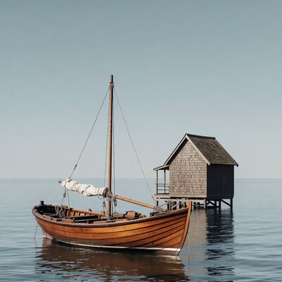Wooden sailboat by dock house on lake