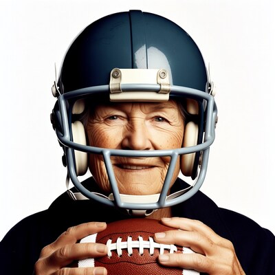 Elderly man in football helmet holding ball