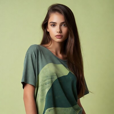 Young woman in green abstract t-shirt