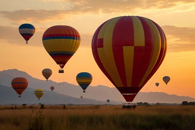 Hot air balloons over mountains at sunset