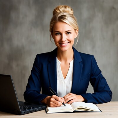 Blonde woman writing in notebook