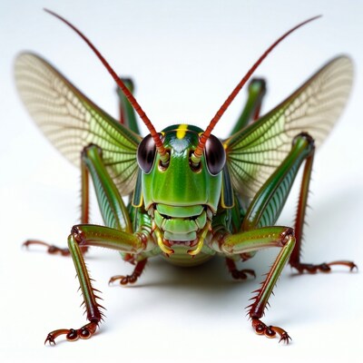 Green grasshopper on white background