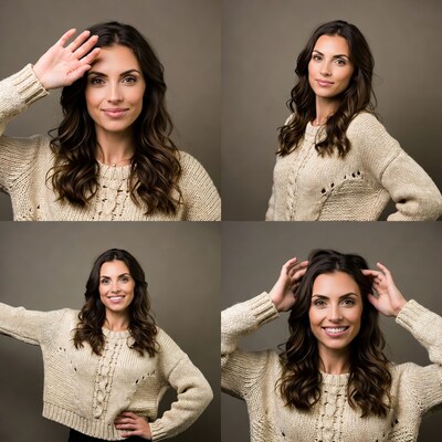 Smiling woman in sweater four poses