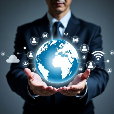 Businessman holding globe with network icons