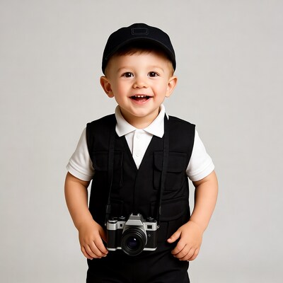 Toddler boy holding camera vest hat