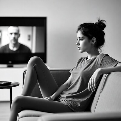 Woman watching TV on couch