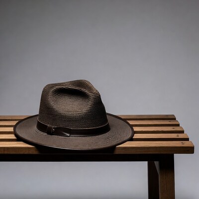 Brown straw fedora on wooden bench