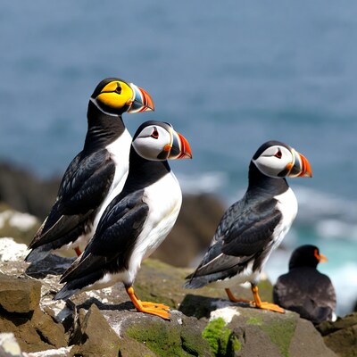 Atlantic Puffins on Rocky Cliff