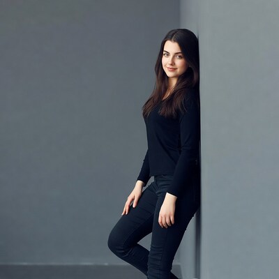 Woman leaning against gray wall