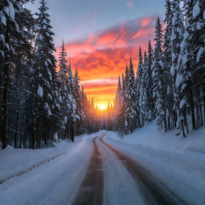 Snowy Forest Road at Sunset
