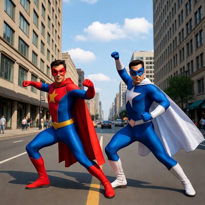 Two men in red and blue superhero costumes