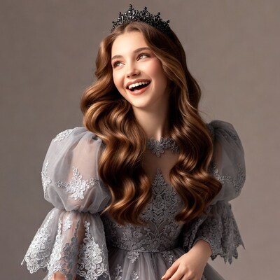 Woman in gray gown with black crown