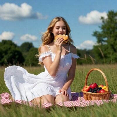 Blonde woman eating burger picnic