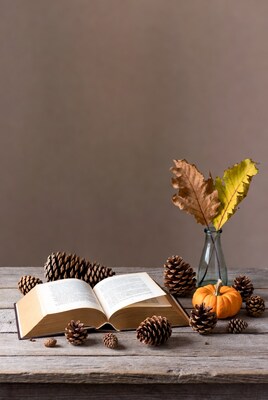 Open Book with Pumpkin and Pinecones