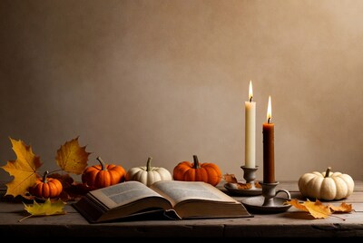 Open Book with Pumpkins and Candles