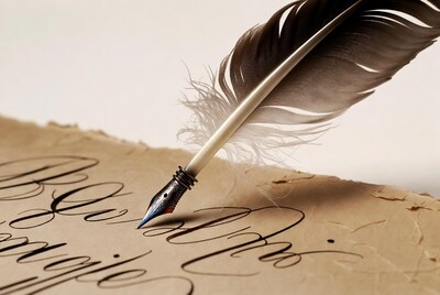 Quill pen writing on parchment