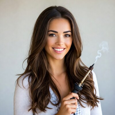 Smiling woman holding soldering iron