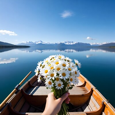 Hand holding daisies in rowboat on lake