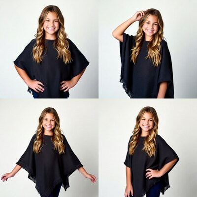 Smiling girl in black fringed poncho