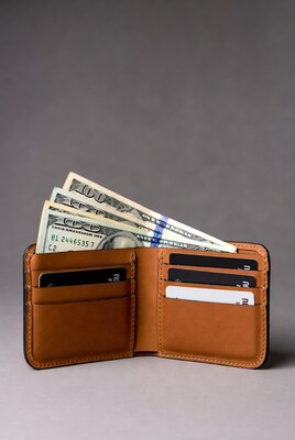 Brown leather wallet with cash and cards
