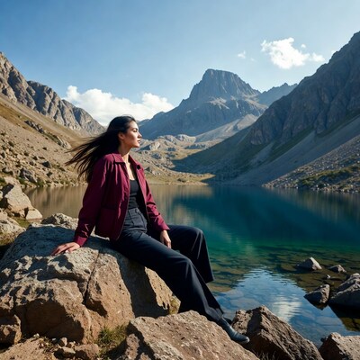 Asian woman by mountain lake