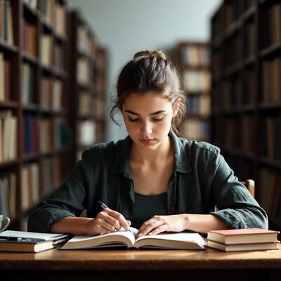 Young woman writing in library