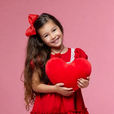 Girl holding red heart plush