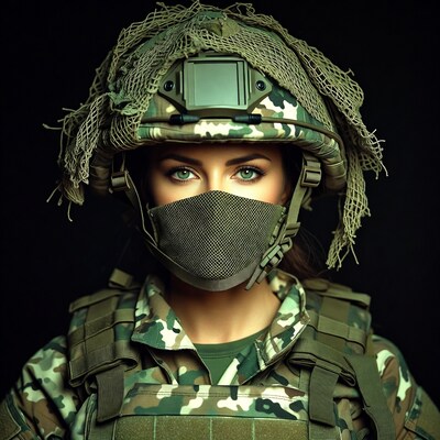 Woman in Camouflage Helmet and Mask