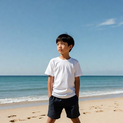 Asian boy on beach in white shirt