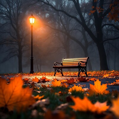 Lit Bench in Autumn Foggy Park