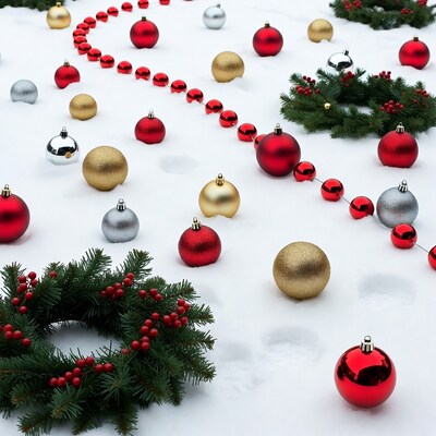 Christmas Ornaments and Wreath on Snow