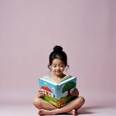 Asian girl reading picture book