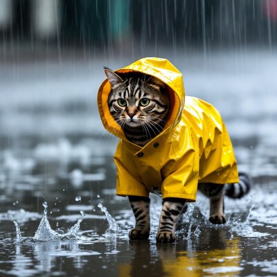 Tabby cat in yellow raincoat