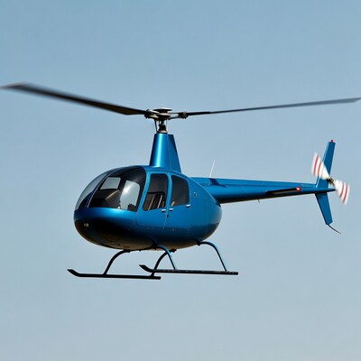 Blue helicopter flying in sky