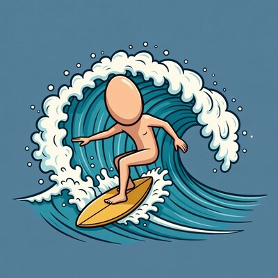 Egghead man surfing giant wave