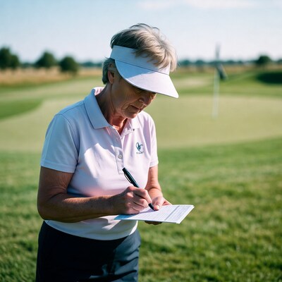 Senior woman writing scorecard on golf course