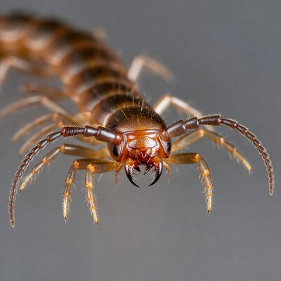 Close-up centipede on gray background
