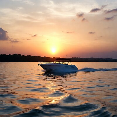 Speedboat cruising lake at sunset