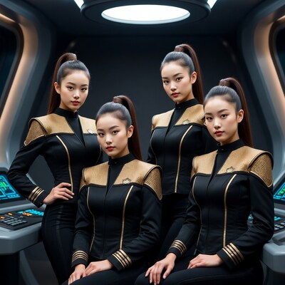 Four Asian women in Star Trek uniforms