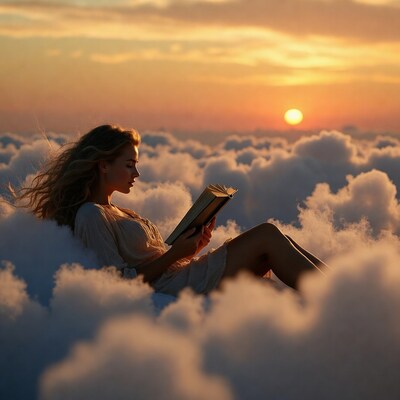 Woman reading book on clouds