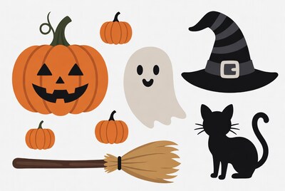 Halloween Clipart with Jack-o-Lanterns and Ghost