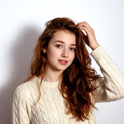 Redhead woman touching hair in white sweater
