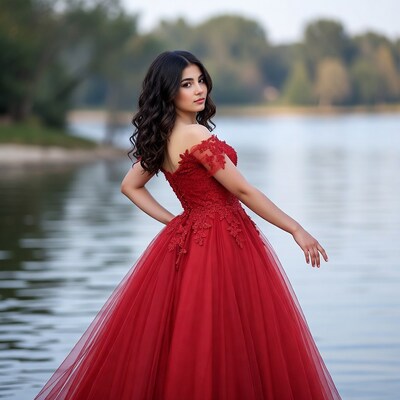 Woman in red lace gown by lake