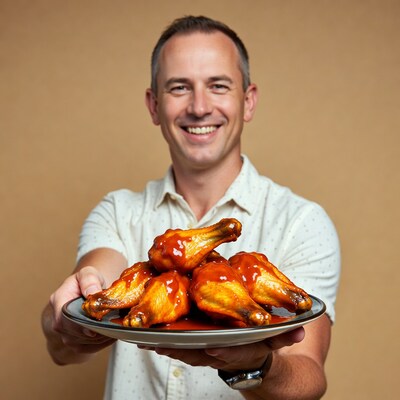 Man holding buffalo wings platter